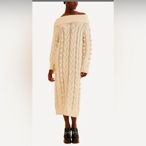 Size M NWT Farm Rio Off-White Braided Midi Sweater off the shoulder knit Dress
